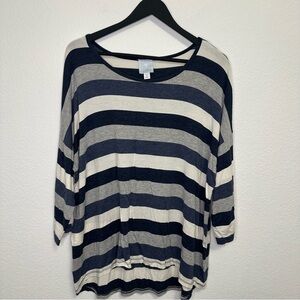 Sunday Woman Striped Long Sleeve Tee – Blue, White, Gray & Black – Size 1X